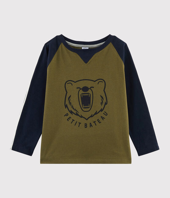 T-shirt met zeefdruk jongens kinderen groen MILITARY/blauw SMOKING