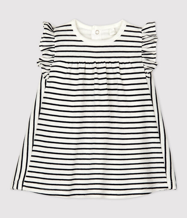 Jurk met gestreepte marini&egrave;re-body van biokatoen voor baby's wit/blauw