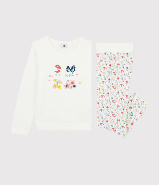 Pyjama petite fille taille montante en bouclette éponge grattée blanc MARSHMALLOW/blanc MULTICO
