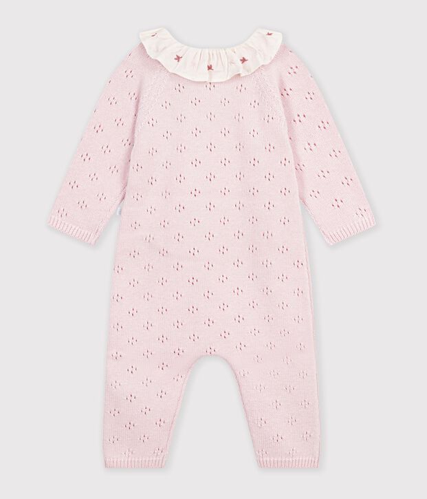 Combinaison b&eacute;b&eacute; en tricot laine et coton &agrave; col uni rose clair