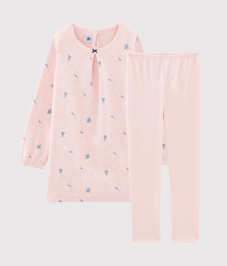 Meisjesnachthemd met lange mouwen van dubbelzijdig jersey met pingu&iuml;n print roze MINOIS/wit MULTICO