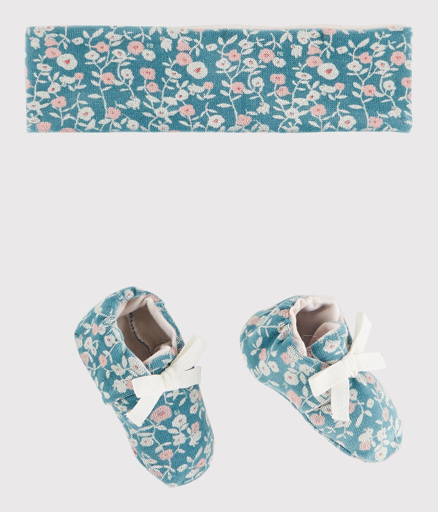 Set van gebloemde haarband en slofjes voor babymeisjes van velours groen/multicouleur