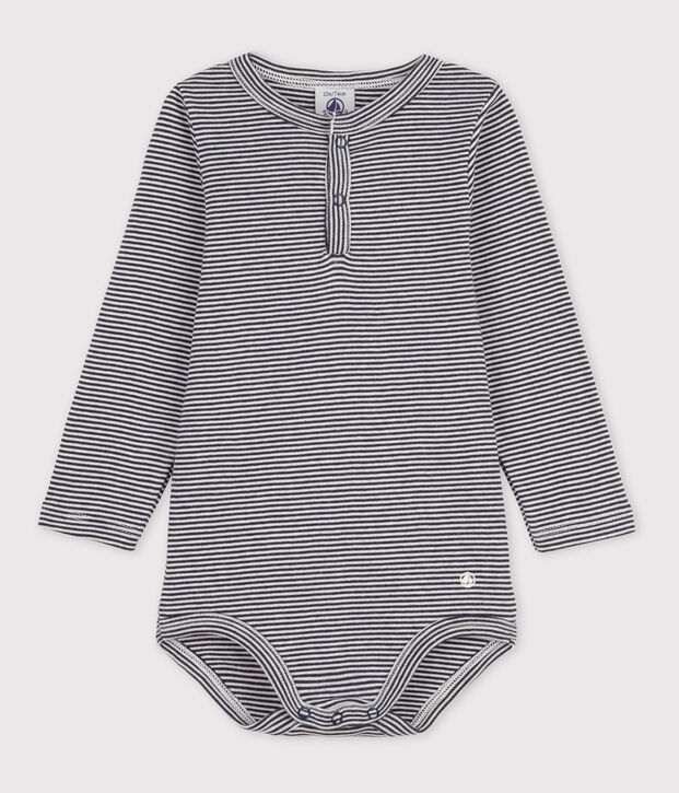Body manches longues b&eacute;b&eacute; ray&eacute; col tunisien en coton bleu/blanc