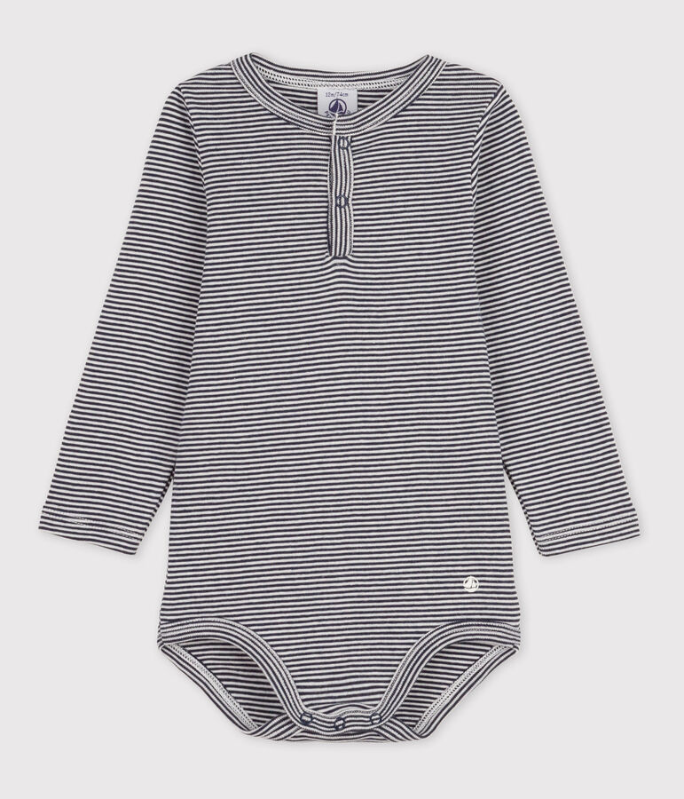 Katoenen body met lange mouwen en Tunesische gestreepte hals voor baby's blauw/wit