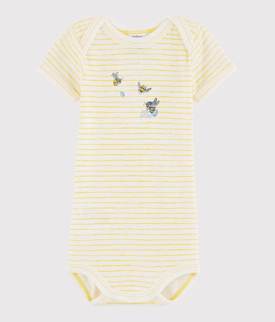 Rompertje met korte mouwen babymeisje - babyjongen wit MARSHMALLOW/geel JAUNE