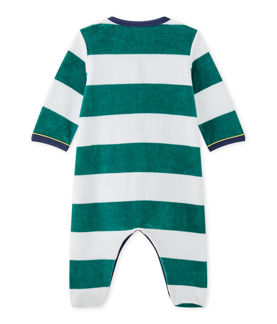 Gestreepte fluwelen pyjama voor babyjongens groen OLIVIER/wit ECUME