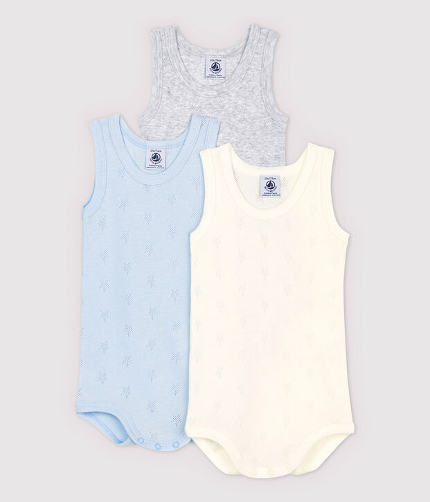 Set van 3 mouwloze opengewerkte rompers van biologisch katoen multicouleur