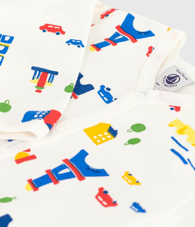 Babypyjama van geruwde fleece met kraag en Parijsprint wit MARSHMALLOW/wit MULTICO