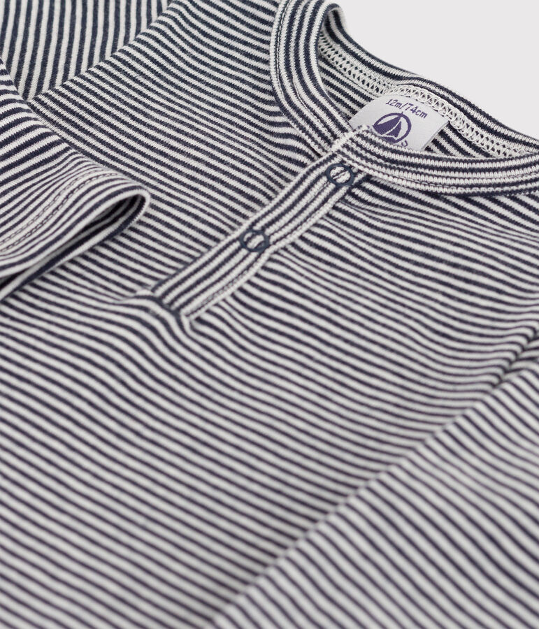 Katoenen body met lange mouwen en Tunesische gestreepte hals voor baby's blauw/wit