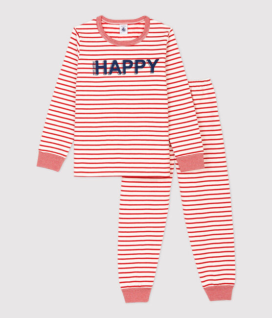 Rode meisjes/jongens molton pyjama met marinière-strepen wit MARSHMALLOW/rood TERKUIT