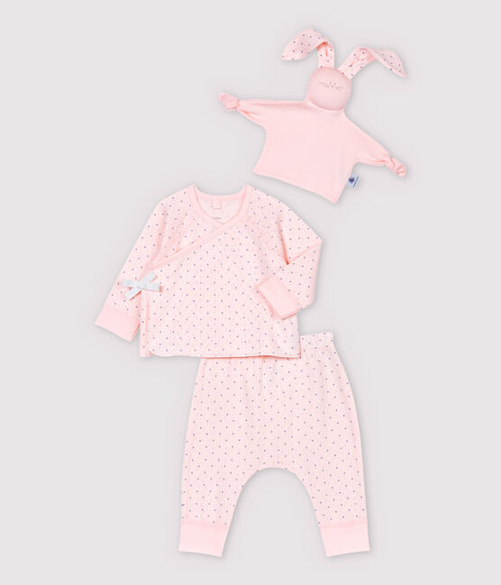 Ensemble 3 pièces rose bébé fille en coton biologique rose FLEUR/bleu EDNA