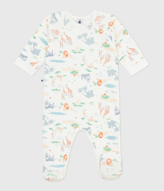 Katoenen babypyjama met rits en savanaprint wit MARSHMALLOW/wit MULTICO