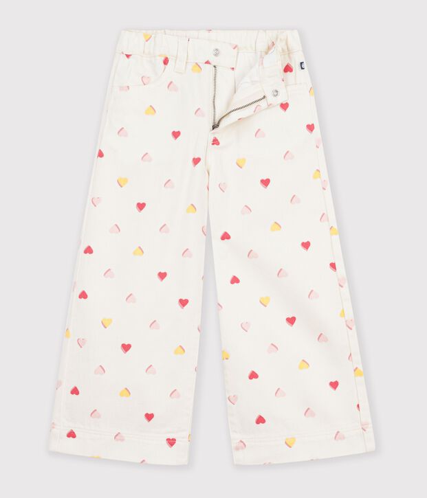 Katoenen kinderbroek met wijde pijpen ecru/multicouleur