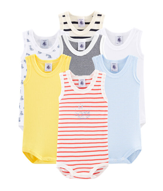Verrassingstasje met 7 mouwloze rompers baby jongen variante 1