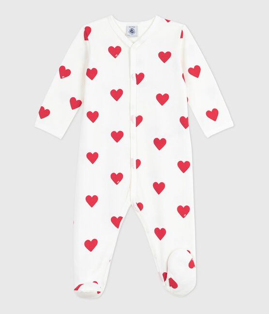 Babypyjama van geruwde fleece met kraag en hartjesprint wit MARSHMALLOW/rood TERKUIT