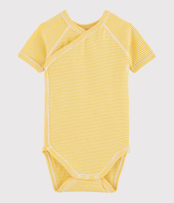 Rompertje gekruist met korte mouwen babymeisje - babyjongen geel HONEY/wit MARSHMALLOW