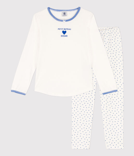 Katoenen meisjespyjama wit MARSHMALLOW/blauw PERSE