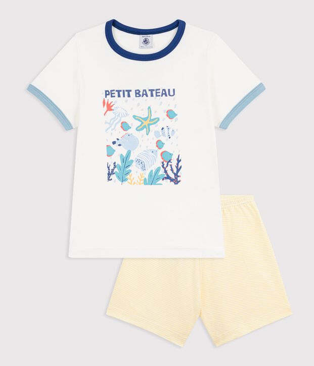 Pyjama short enfant en coton motif oc&eacute;an blanc/multicouleur