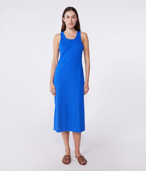 Robe d&eacute;bardeur longue femme en coton bleu