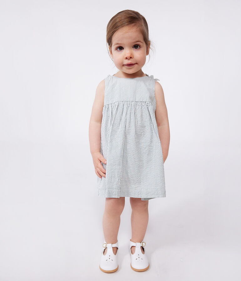 Robe b&eacute;b&eacute; en coton sans manches ray&eacute;e blanc/vert