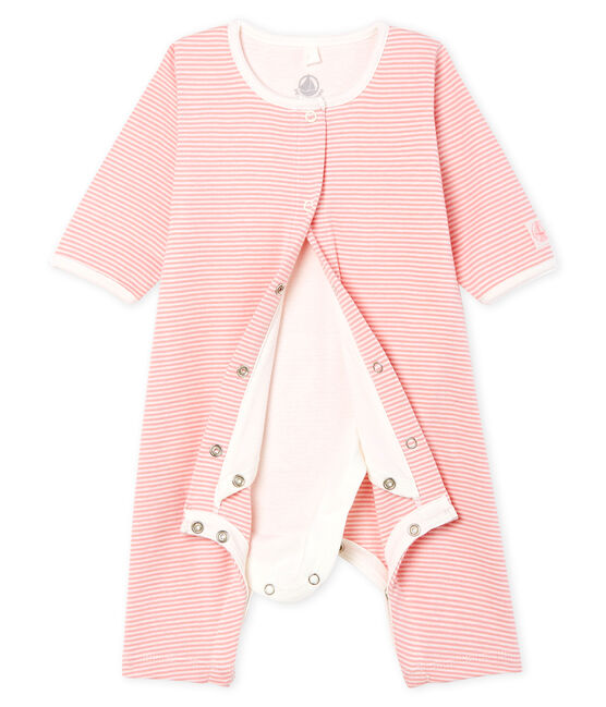 Bodyjama zonder voetjes babymeisje van gebreide stof roze CHARME/wit MARSHMALLOW