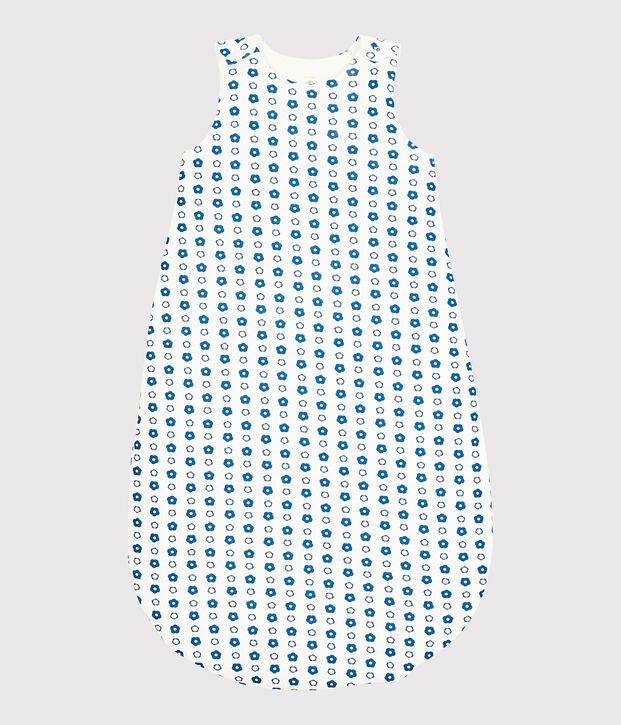 Trappelzak met blauw retrobloemmotief van biologisch katoen wit/blauw