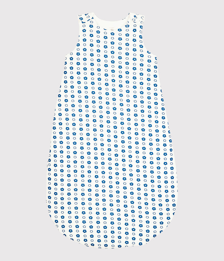 Trappelzak met blauw retrobloemmotief van biologisch katoen wit/blauw