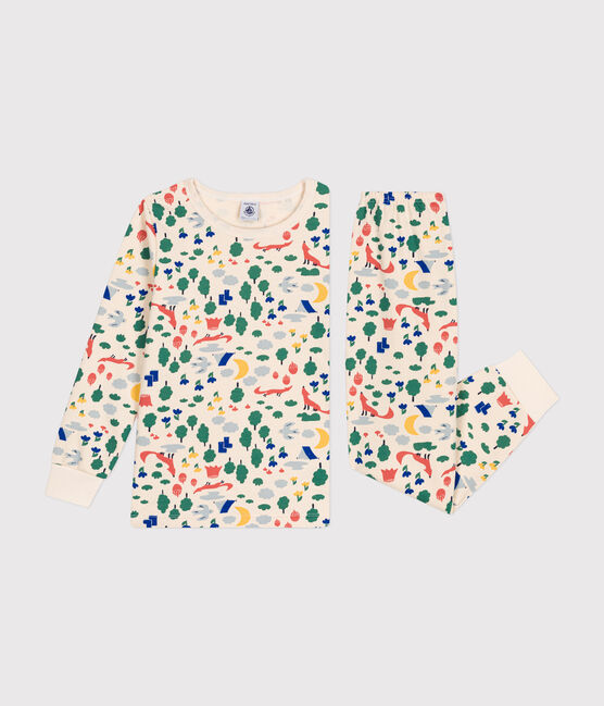 Kinderpyjama van geruwde fleece met bosprint wit AVALANCHE/ MULTICO