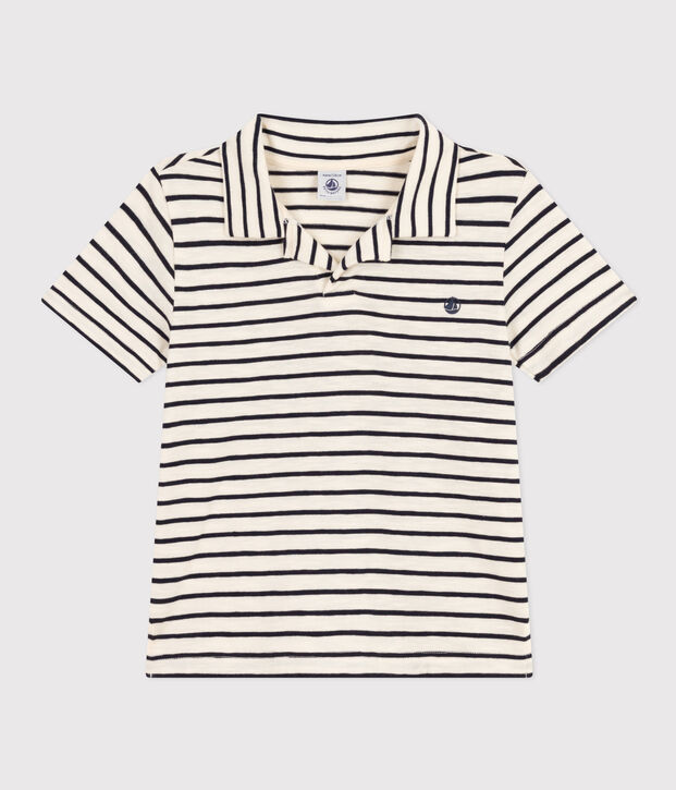 Polo manches courtes en coton enfant gar&ccedil;on &eacute;cru/bleu