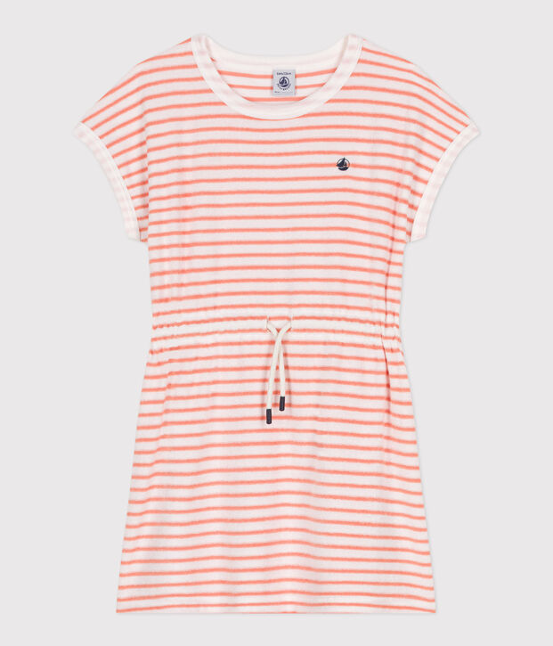 Gestreepte kinderjurk van katoenen badstof met korte mouwen oranje/oranje