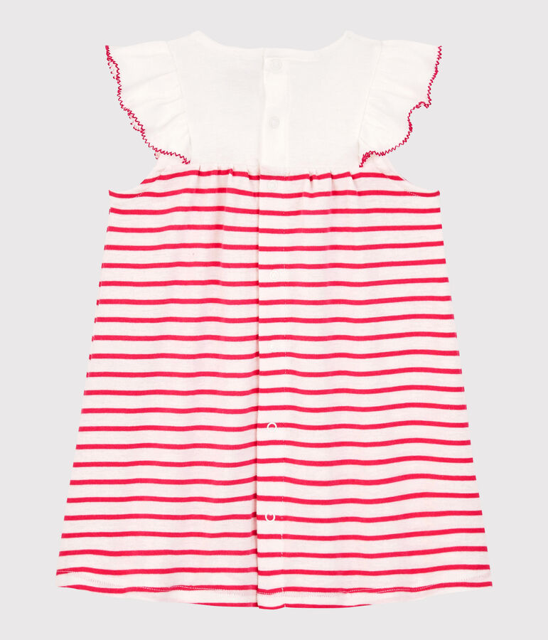 Robe manches courtes en c&ocirc;te ray&eacute;e b&eacute;b&eacute; fille blanc/rose