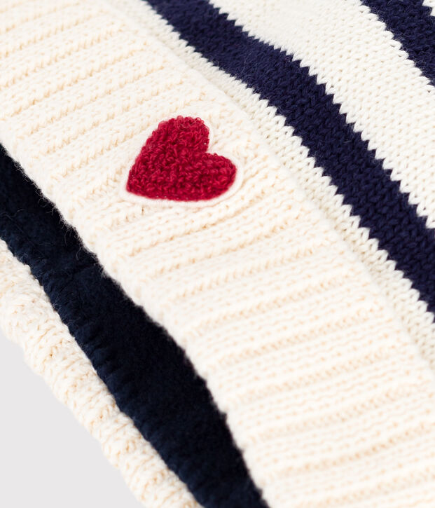 Gebreide gestreepte babymuts met fleecevoering blauw/blauw
