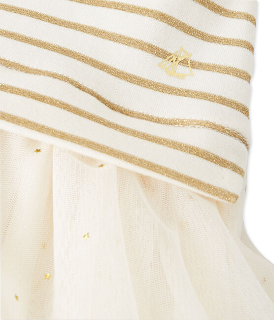 Robe fille bi-matière à rayures brillantes beige COQUILLE/jaune LUREX DORE