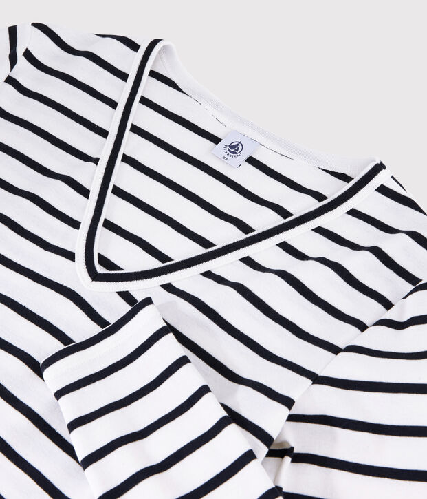 Iconisch gestreept Dames t-shirt van katoen met V-hals wit/blauw