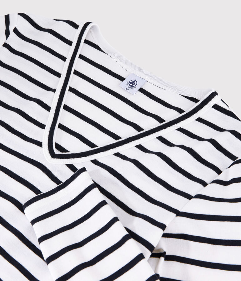 Iconisch gestreept Dames t-shirt van katoen met V-hals wit/blauw