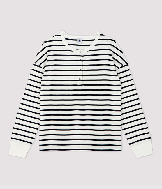 Katoenen marinière Dames t-shirt met Tunesische hals wit MARSHMALLOW/blauw SMOKING