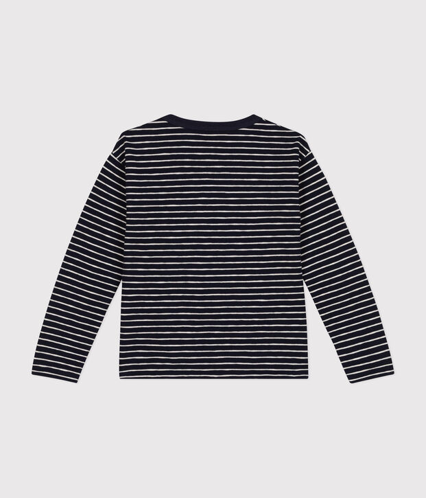 Jongens-T-shirt met lange mouwen van gevlamde jerseystof blauw/beige