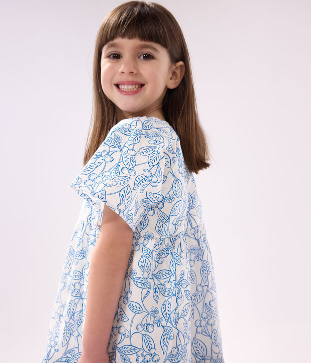 Robe enfant en coton manches courtes imprim&eacute; bleu/bleu