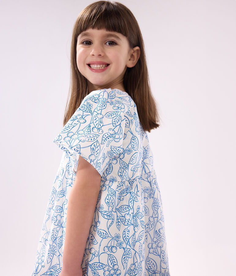 Katoenen kinderjurk met korte mouwen en print wit/blauw