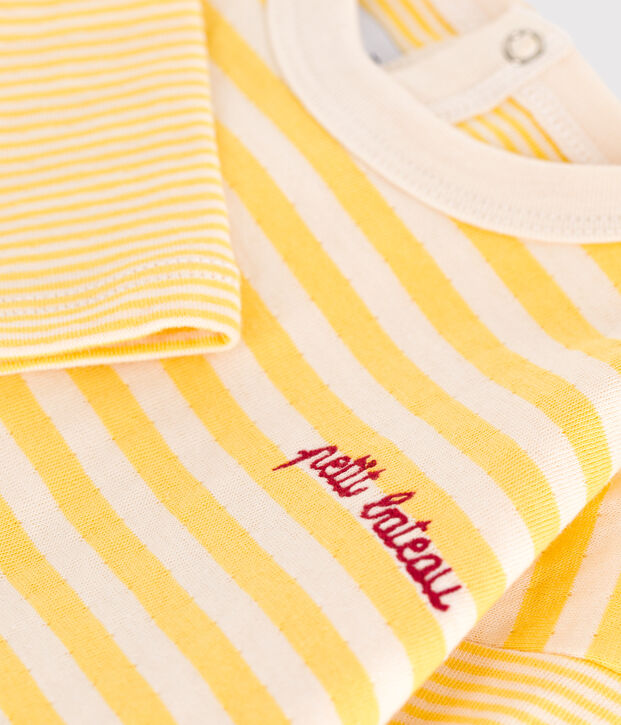 Tee-shirt b&eacute;b&eacute; en coton &agrave; manches longues ray&eacute; jaune/&eacute;cru