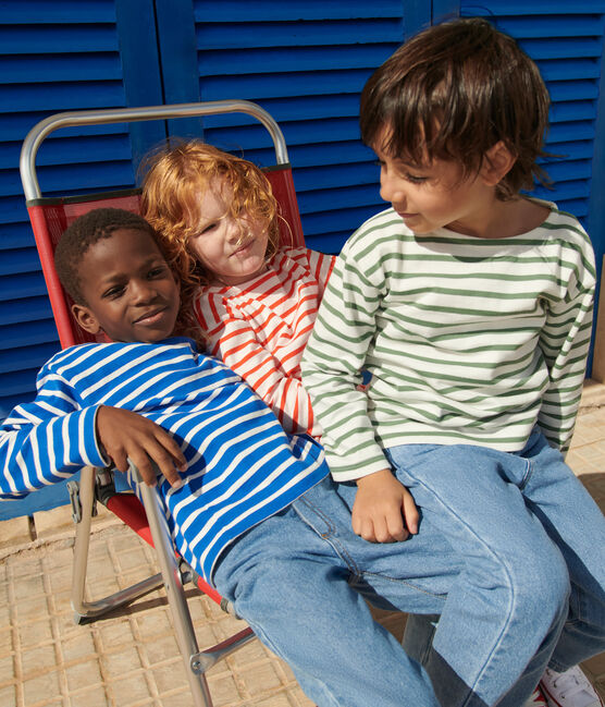 Marinière enfant mixte en coton manches longues bleu PERSE/blanc MARSHMALLOW