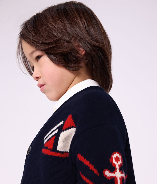Cardigan enfant en laine et coton &agrave; motifs rouge/multicouleur