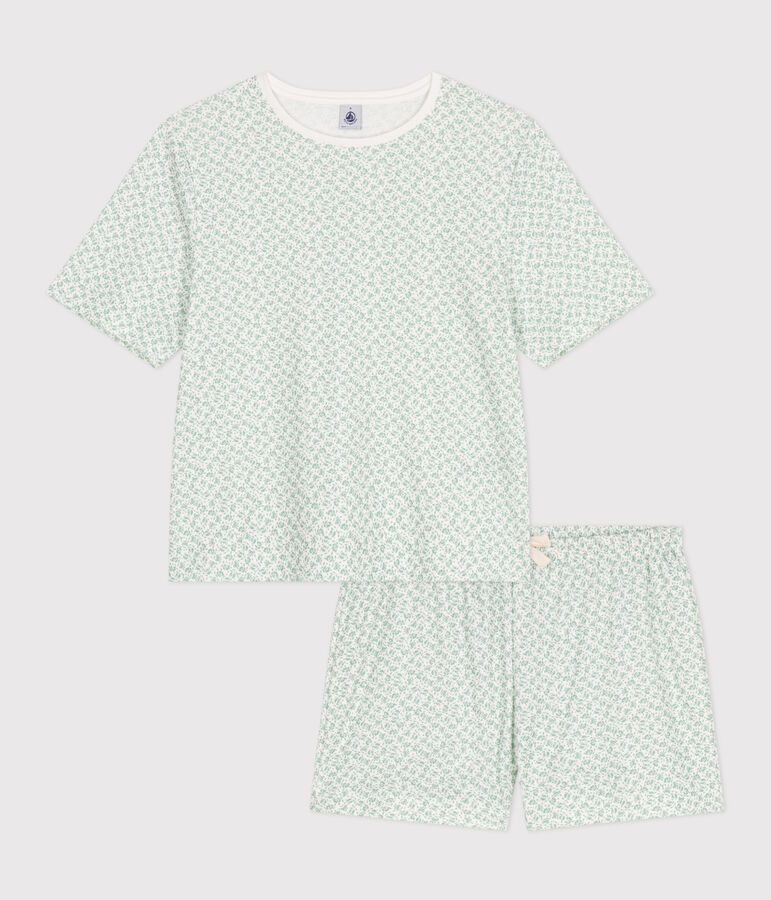 Pyjama short femme en coton fleuri blanc/vert