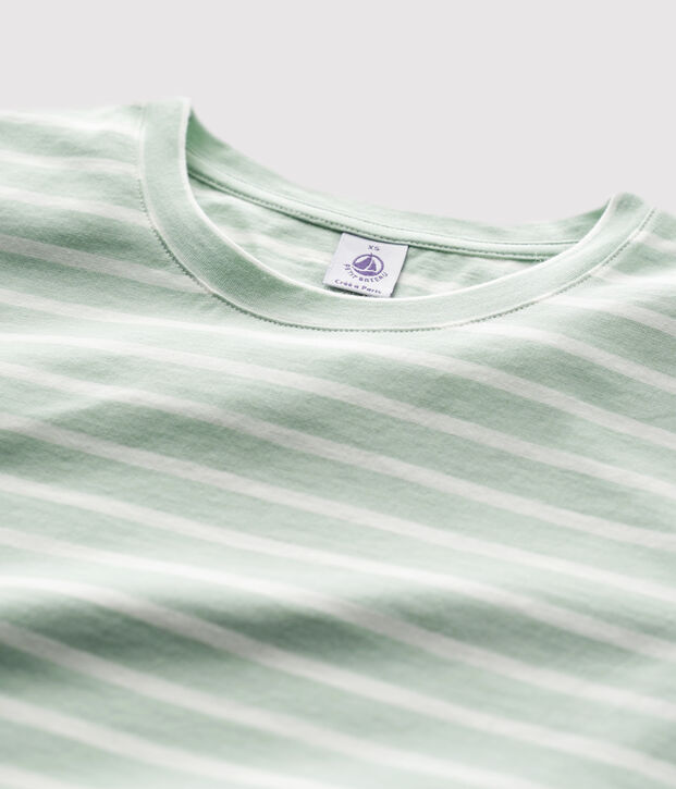 DE STRAIGHT-FIT, T-shirt voor dames met ronde hals in biokatoen groen/wit