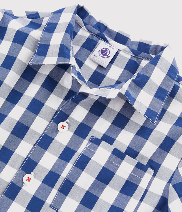 Pyjama &agrave; carreaux petit gar&ccedil;on en twill bleu/blanc