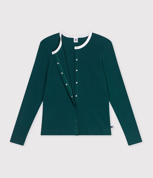 Cardigan femme en coton uni vert fonc&eacute;