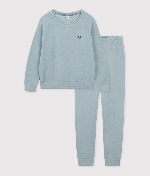Pyjama femme en coton &eacute;ponge uni vert gris