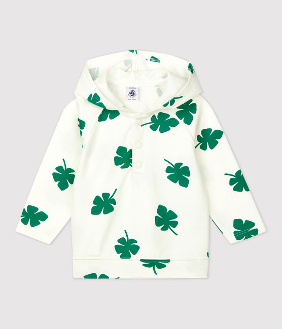 Sweatshirt à capuche imprimé végétal en molleton bébé blanc MARSHMALLOW/vert GAZON