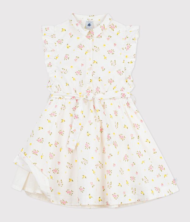 Robe sans manches enfant en coton imprim&eacute;e fleurs blanc/multicouleur