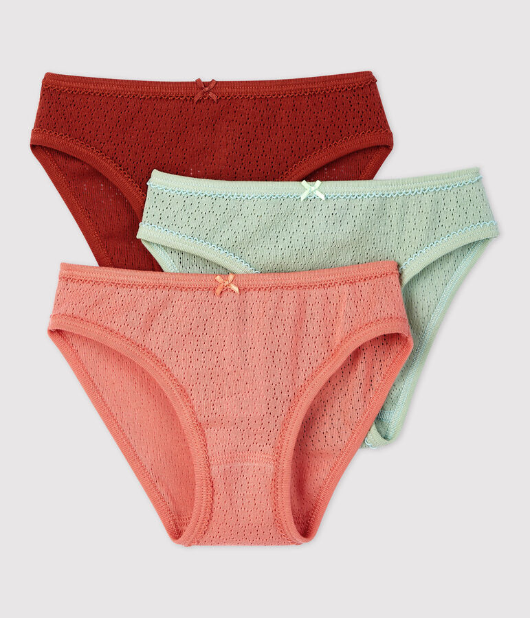 Lot de 3 culottes unies petite fille ajour&eacute;es en coton multicouleur